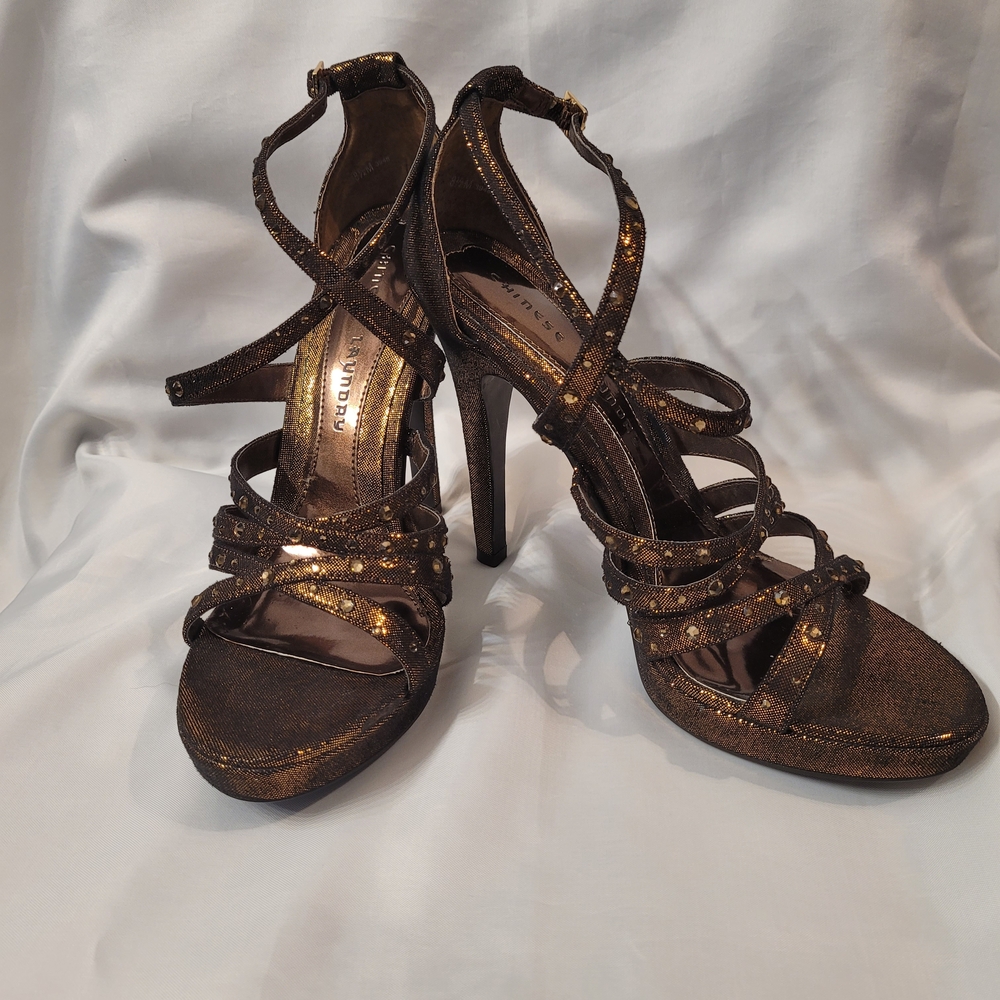 Chinese Laundry “Frenchie” Bronze Gold Rhinestone Strappy Platform Heels 8.5
